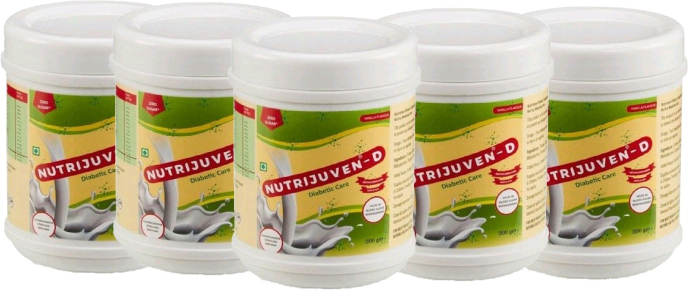 Nutrijuven-D I Diabetic Care I Protein Supplement with added benefits of Divine Herbs like I Ashwagandha with Zero Sugar I Vanilla 200 GM Pack of 5